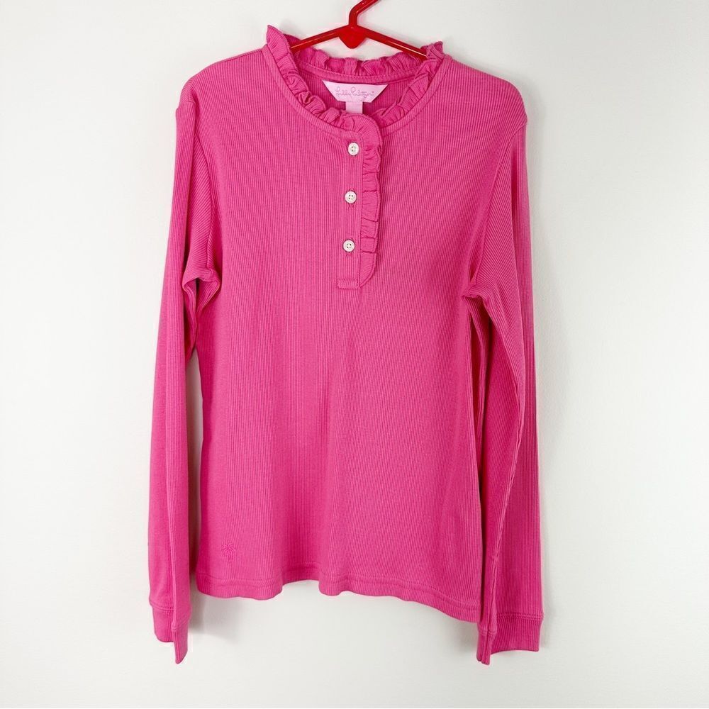 Lilly Pulitzer Hazelnut Henley Pink Long-Sleeve Shirt Ruffle Collar Sz 10